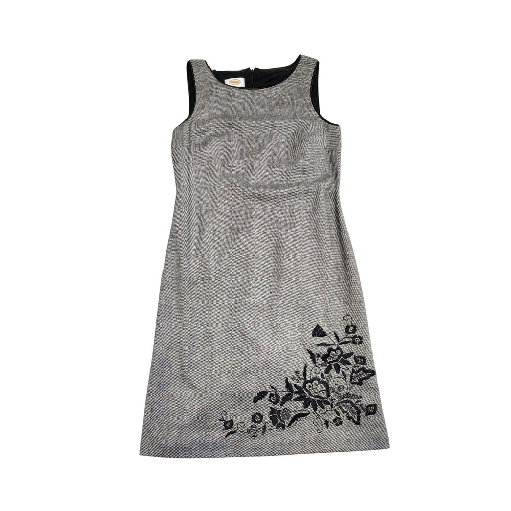 Talbots Dress Womens 4 Gray Black Herringbone Floral Embroidered Sheath Career